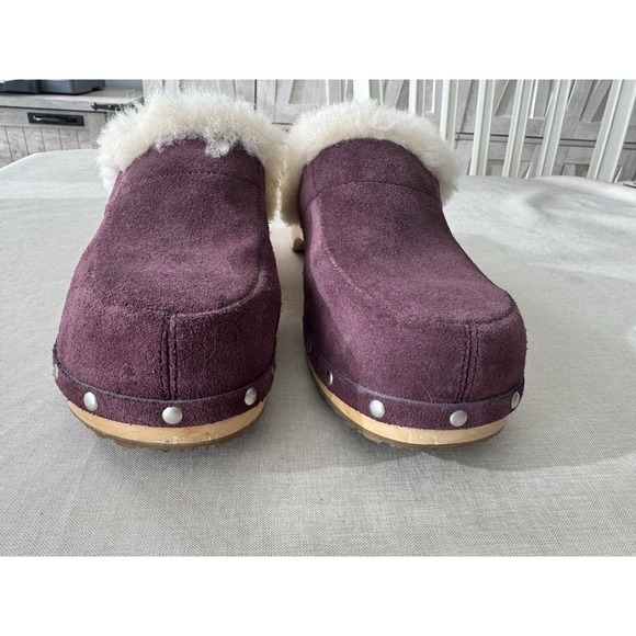 UGG Australia Shearling Clogs Womens 10 Plum Suede Wood Sole Slip On Fur Lined - Picture 16 of 16